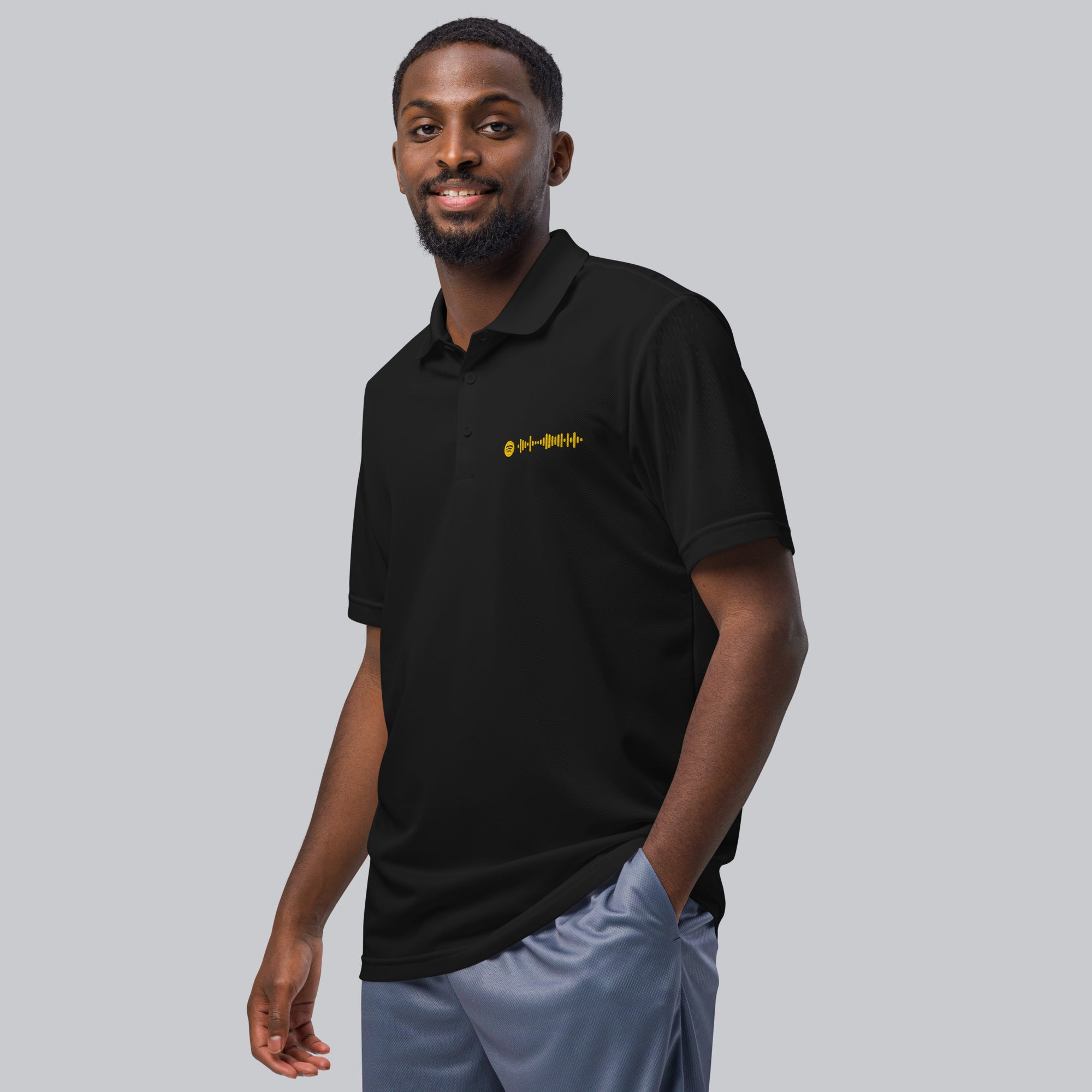 Adidas Unisex Polo Shirt Black with embroidered custom Music Code of your favorite song
