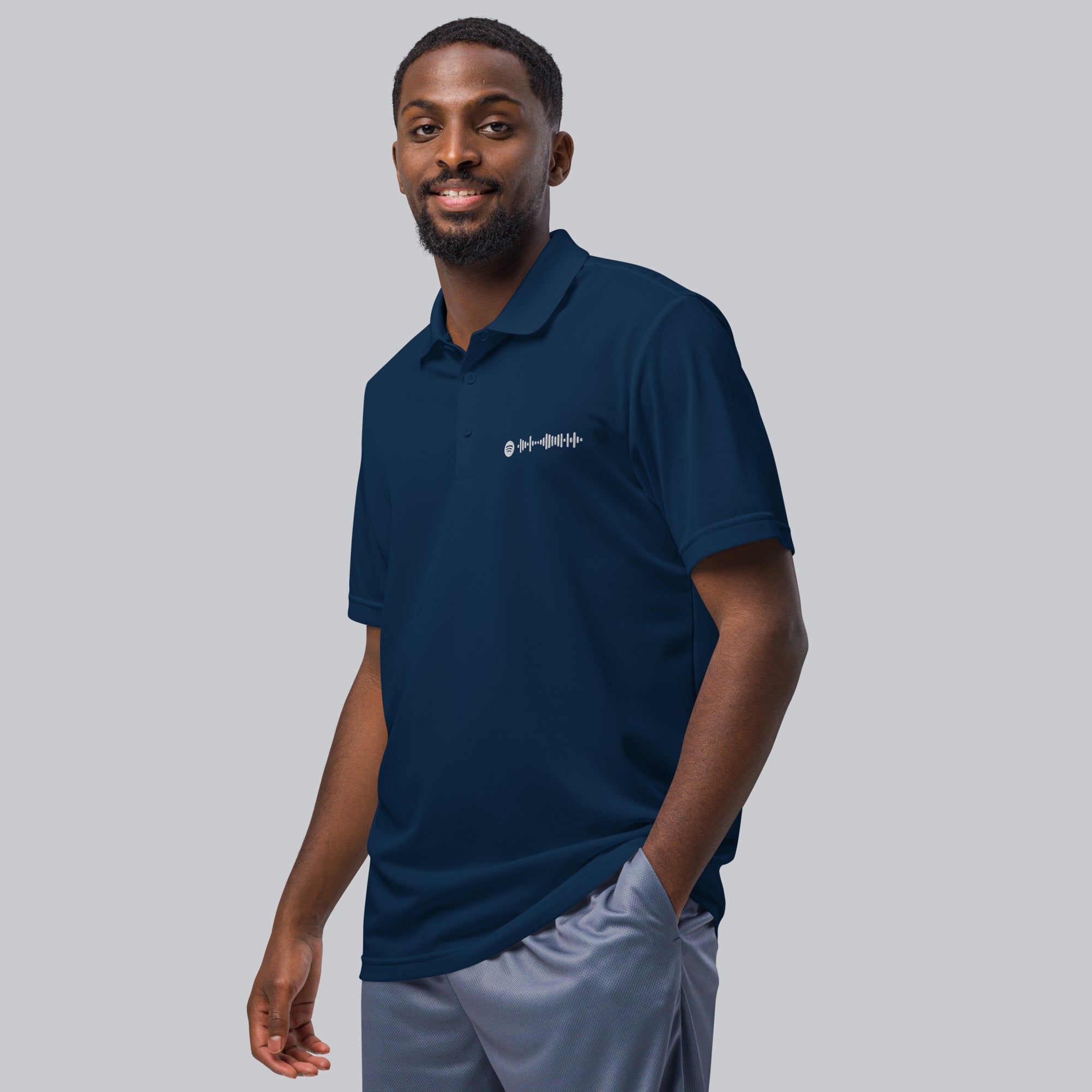 Adidas Unisex Polo Shirt Navy with embroidered custom Music Code of your favorite song