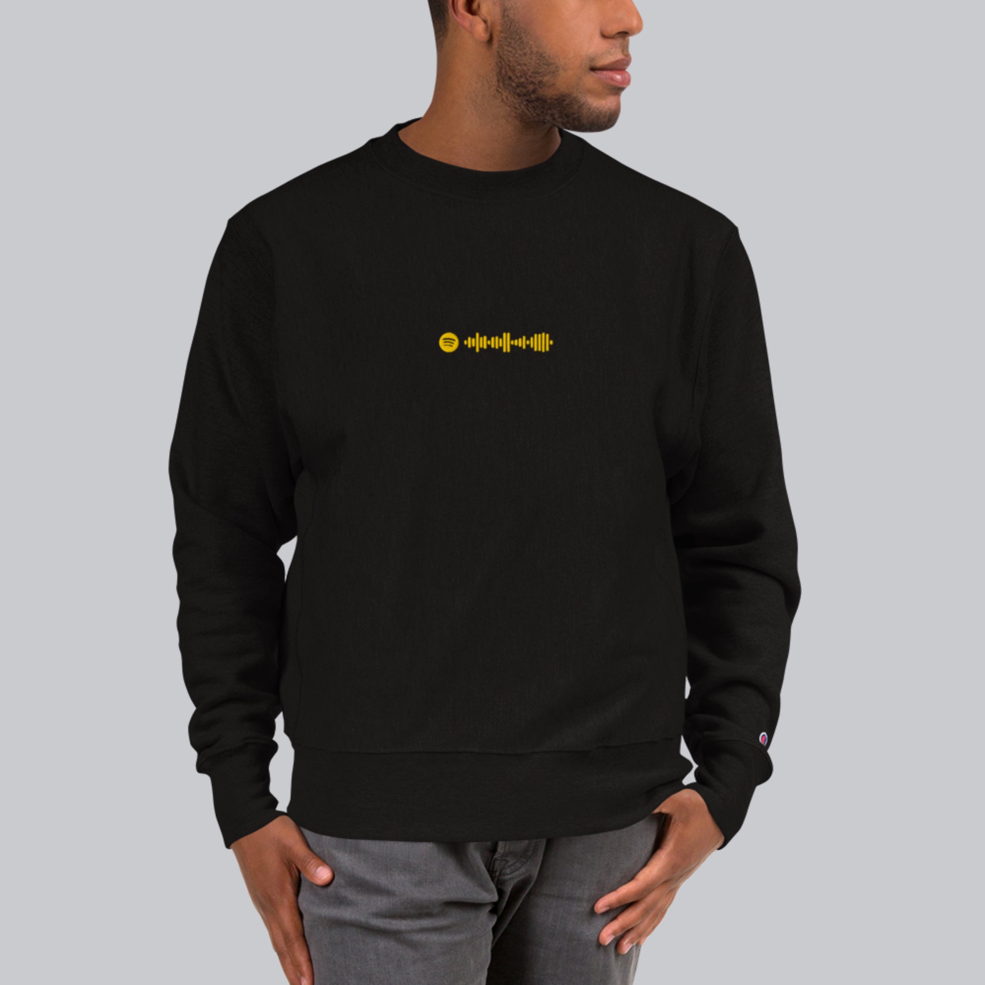 Champion Sweatshirt Black with Custom Music Code of your favorite song
