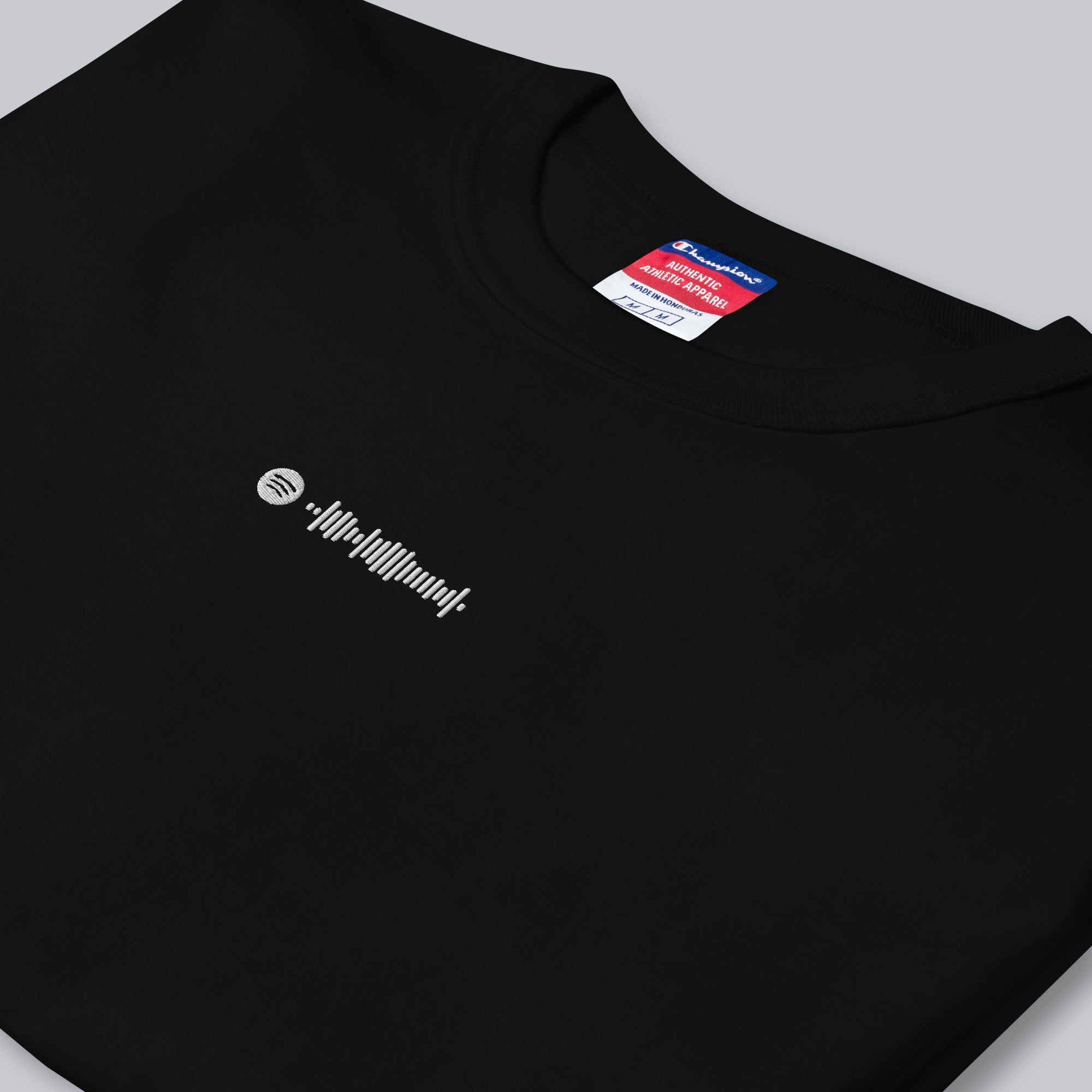 Champion Tshirt Black with Custom Music Code of your favorite song