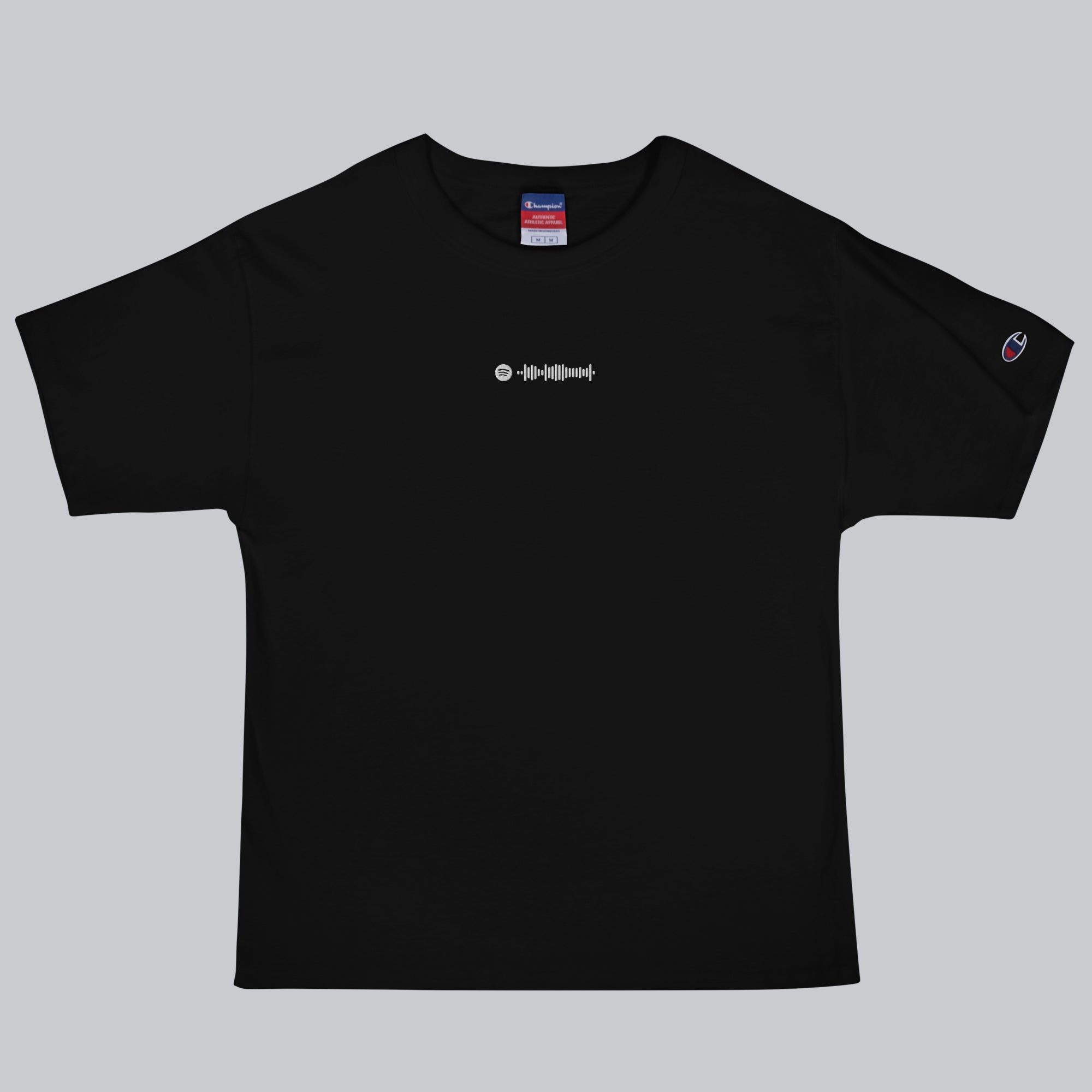 Champion Tshirt Black with Custom Music Code of your favorite song