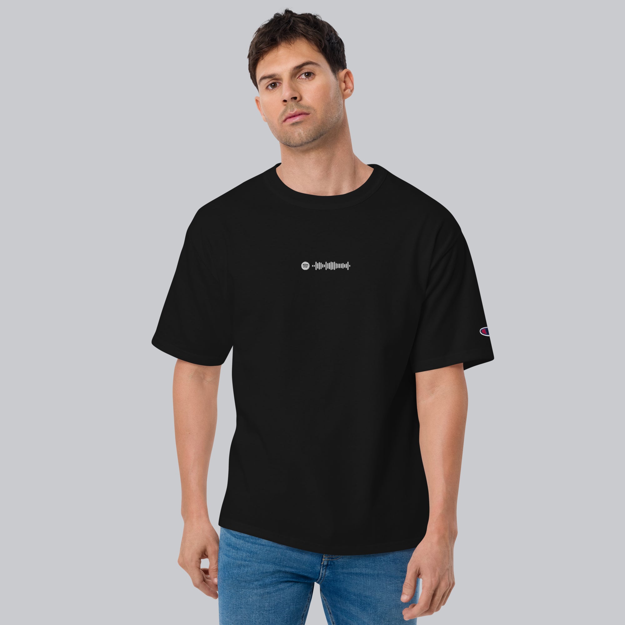 Champion Tshirt Black with Custom Music Code of your favorite song