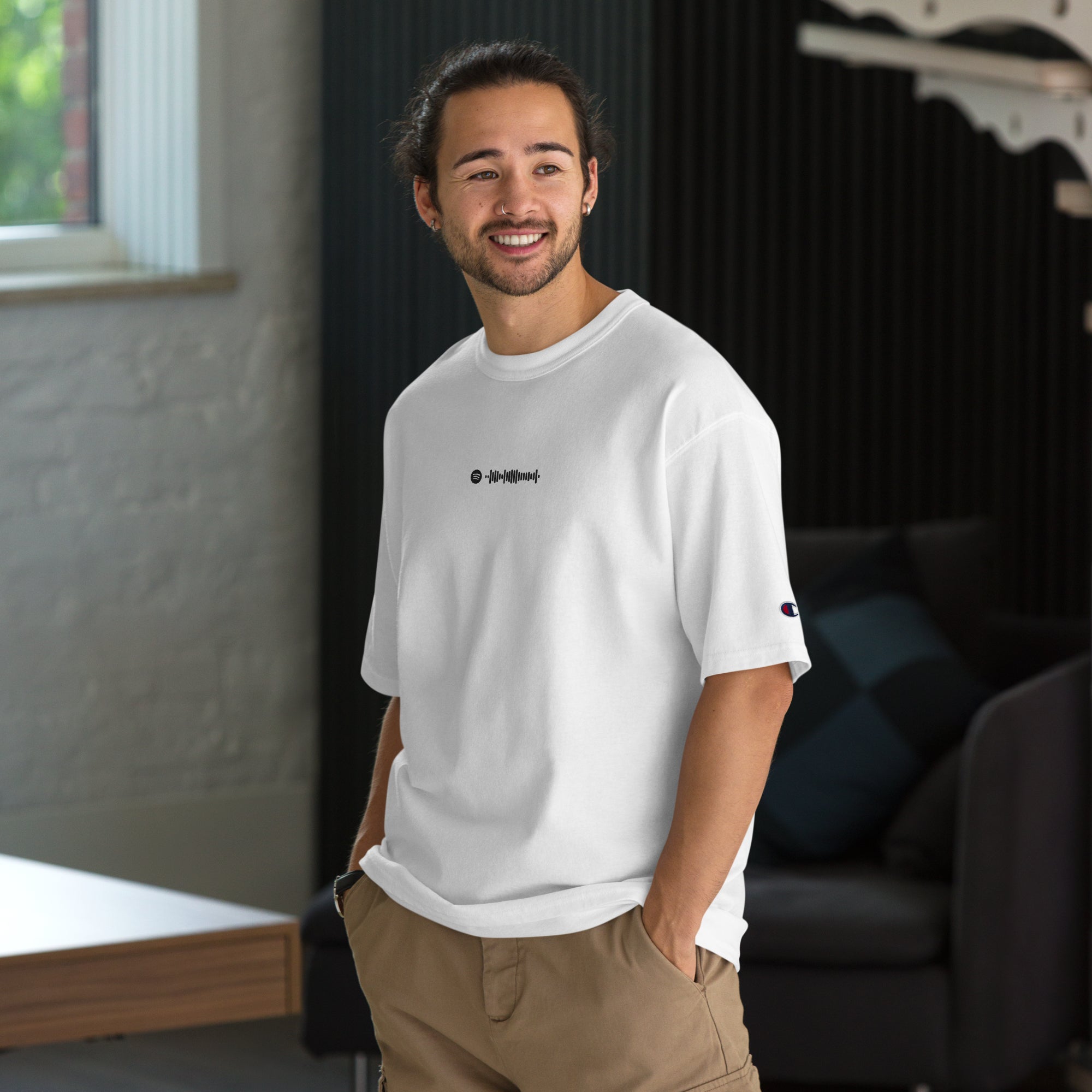 Champion Tshirt White with Custom Music Code of your favorite song