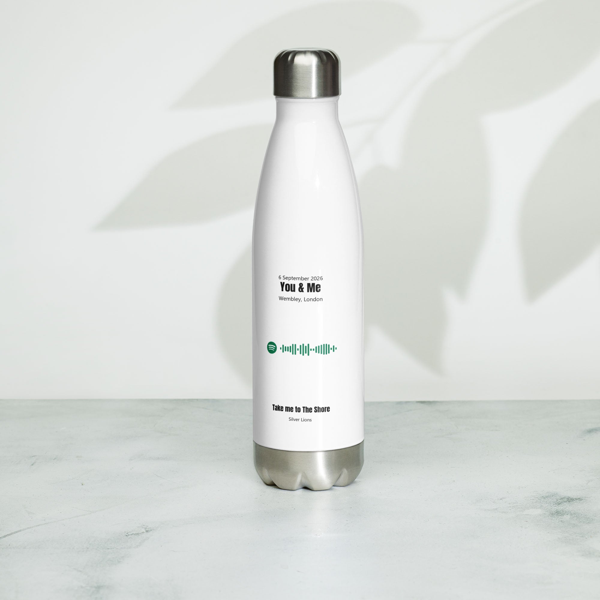 Stainless Steel Water Bottle White with custom Music Code