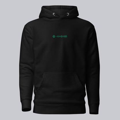 Black hoodie with a custom Music Code