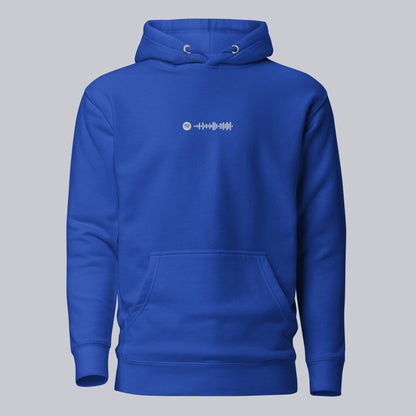 Blue hoodie with a custom Music Code
