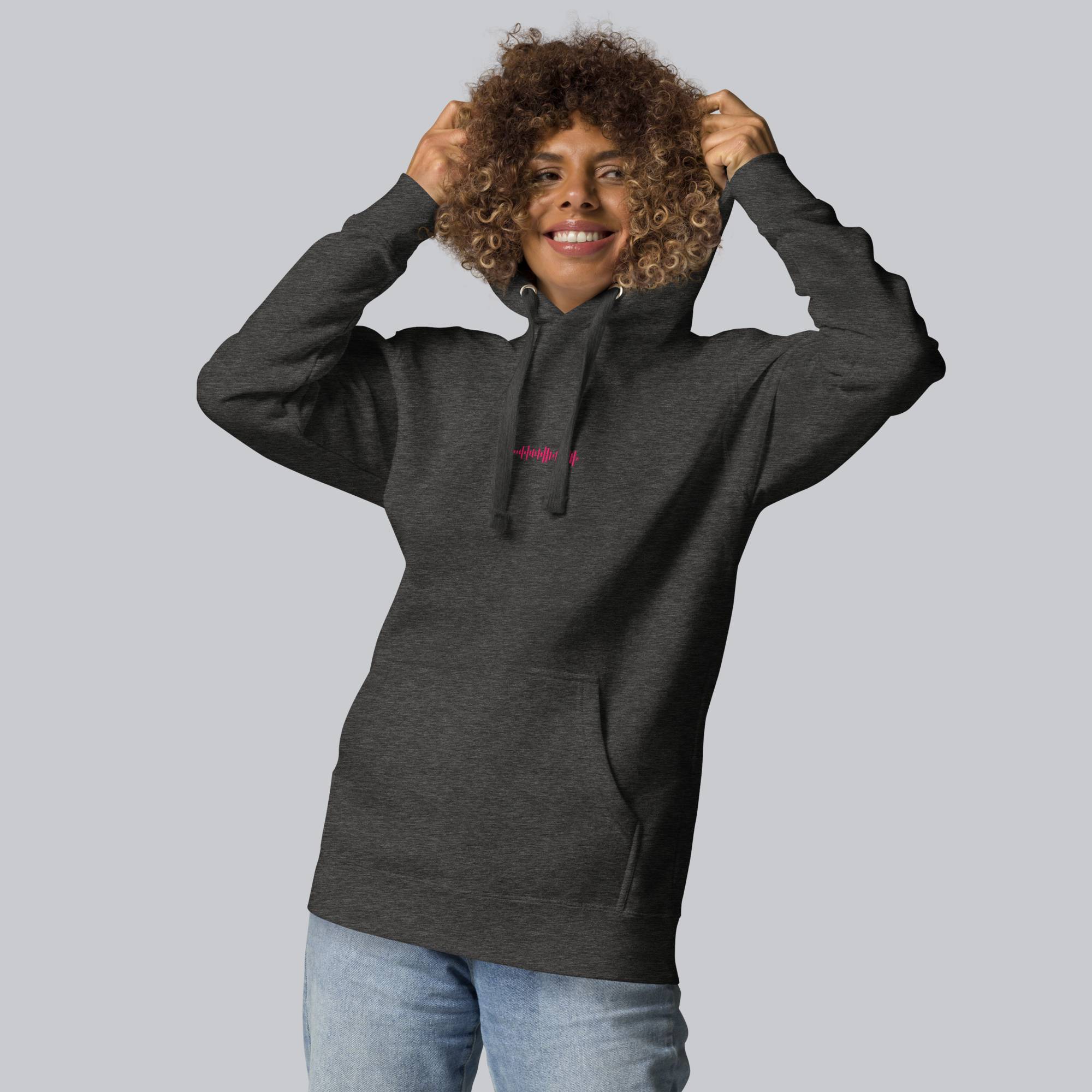 Dark grey hoodie with a custom Music Code