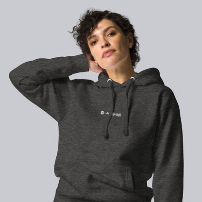 Dark grey hoodie with a custom Music Code
