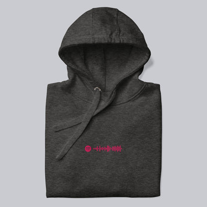 Dark grey hoodie with a custom Music Code