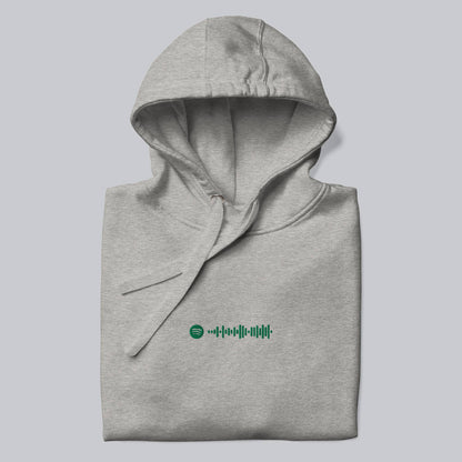 Grey hoodie with a custom Music Code