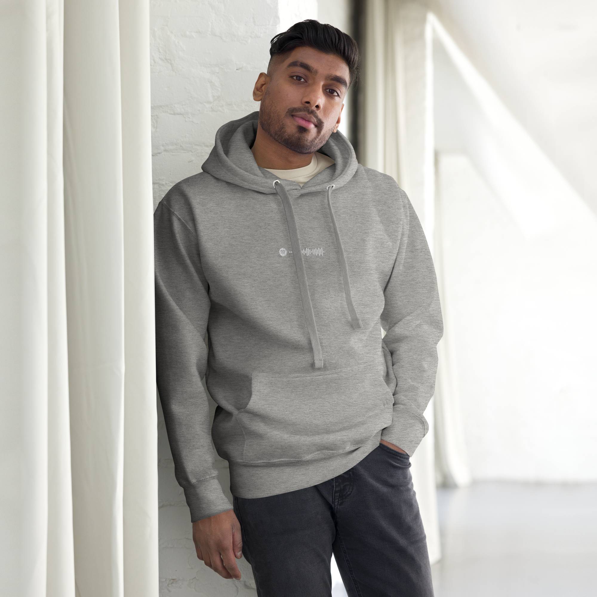Grey hoodie with a custom Music Code