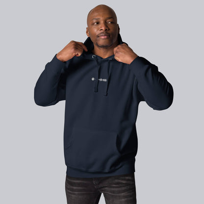 Navy hoodie with a custom Music Code