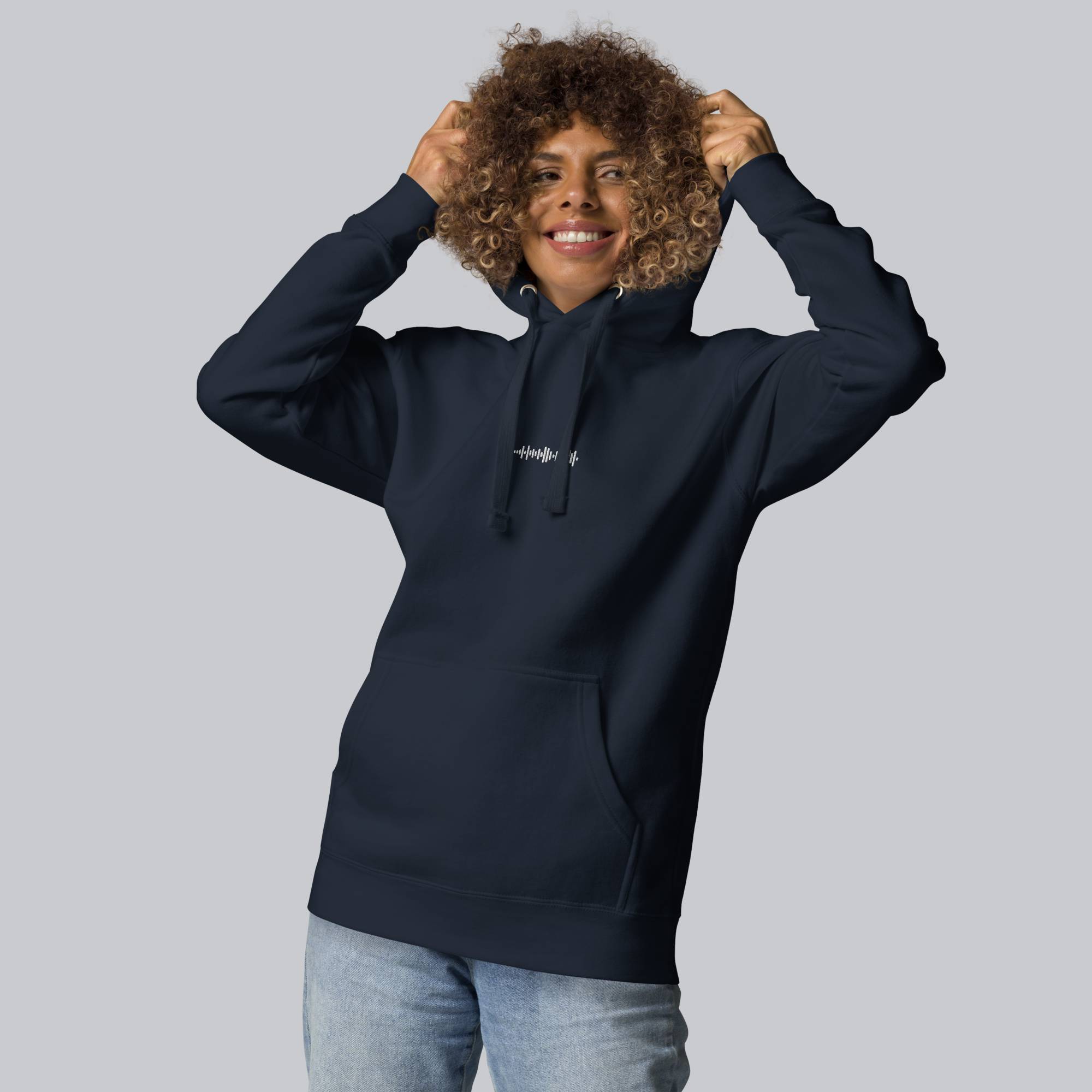 Navy hoodie with a custom Music Code
