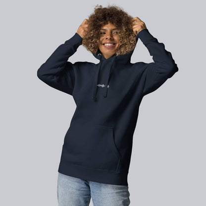 Navy hoodie with a custom Music Code