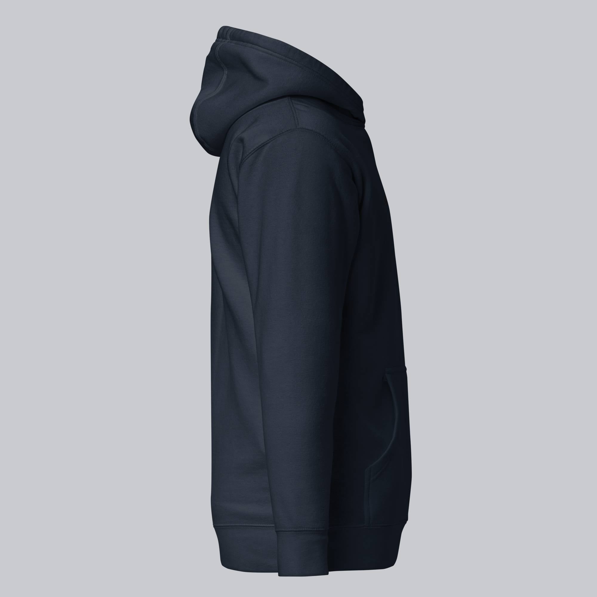 Navy hoodie with a custom Music Code
