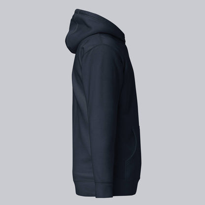 Navy hoodie with a custom Music Code