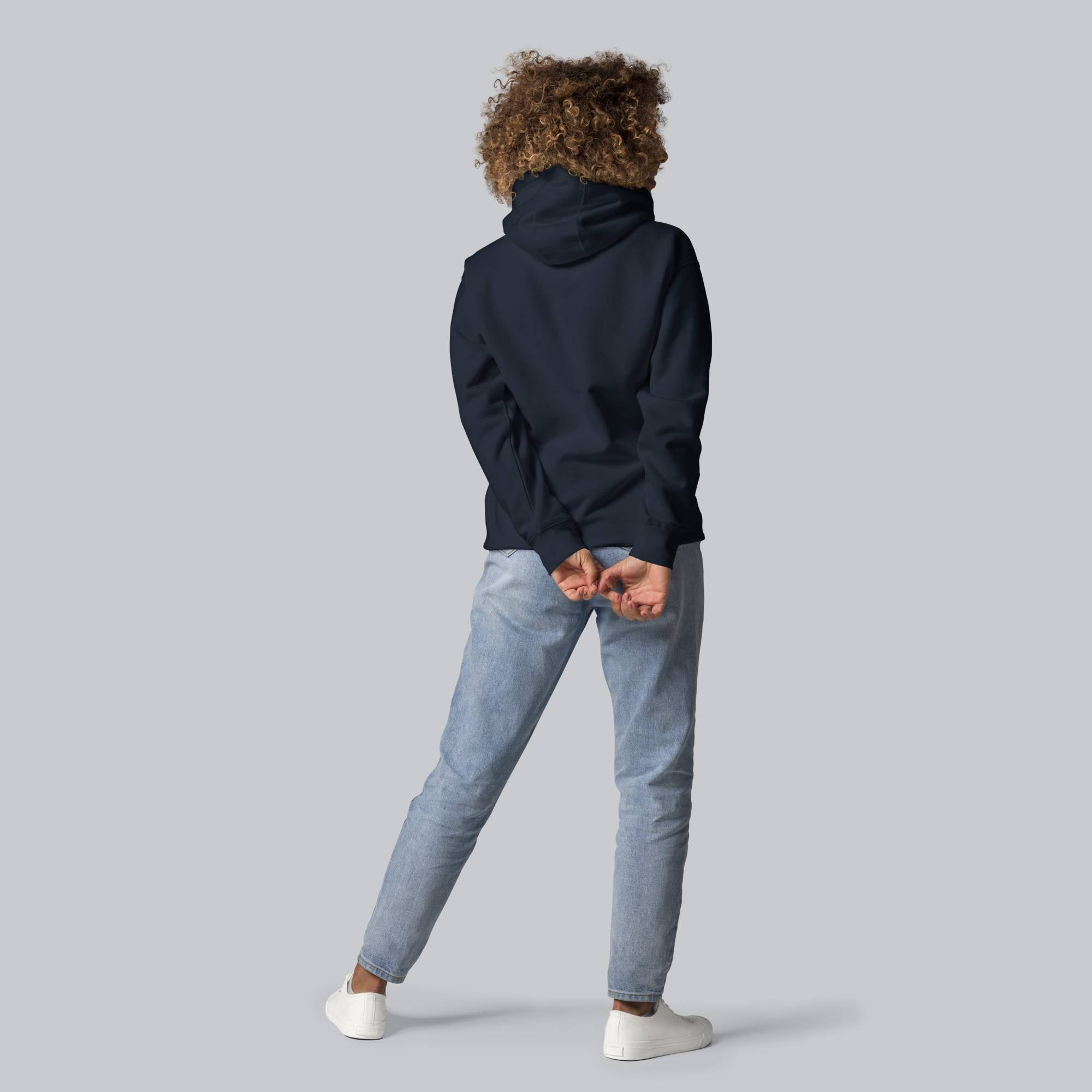 Navy hoodie with a custom Music Code