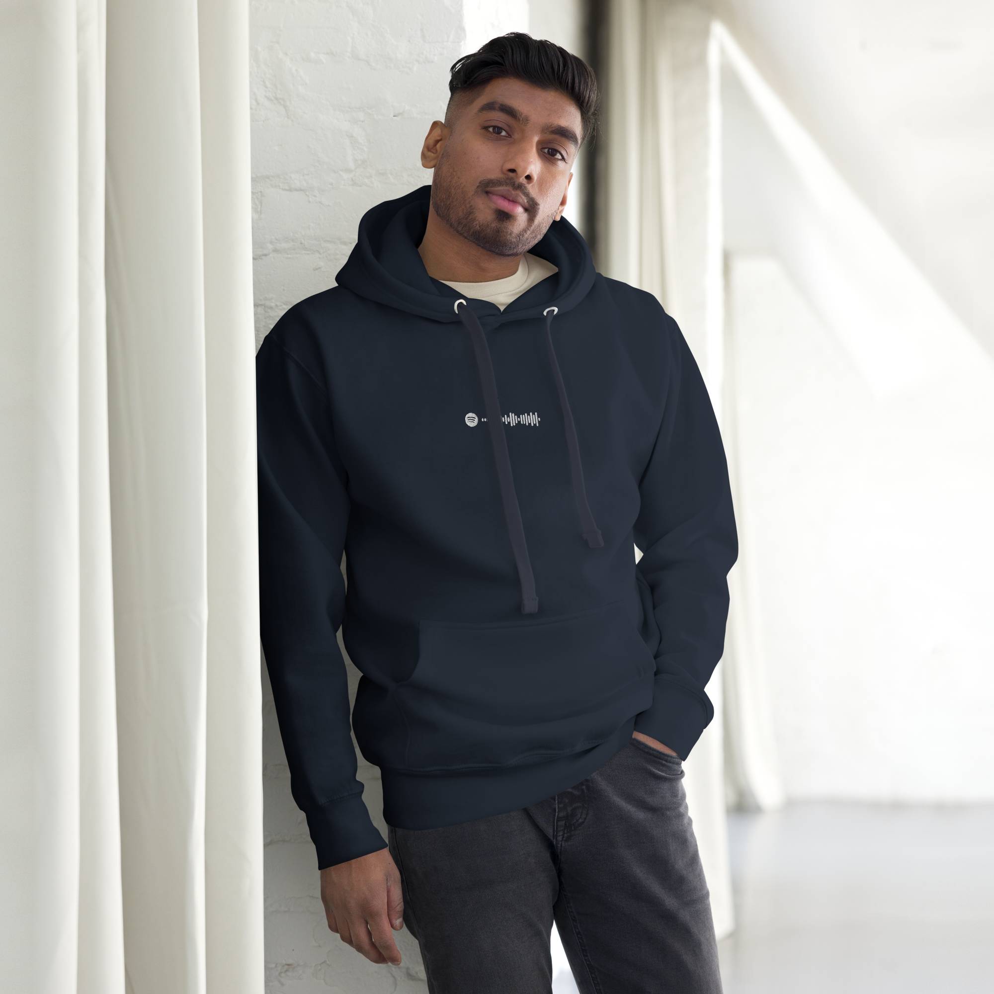 Navy hoodie with a custom Music Code