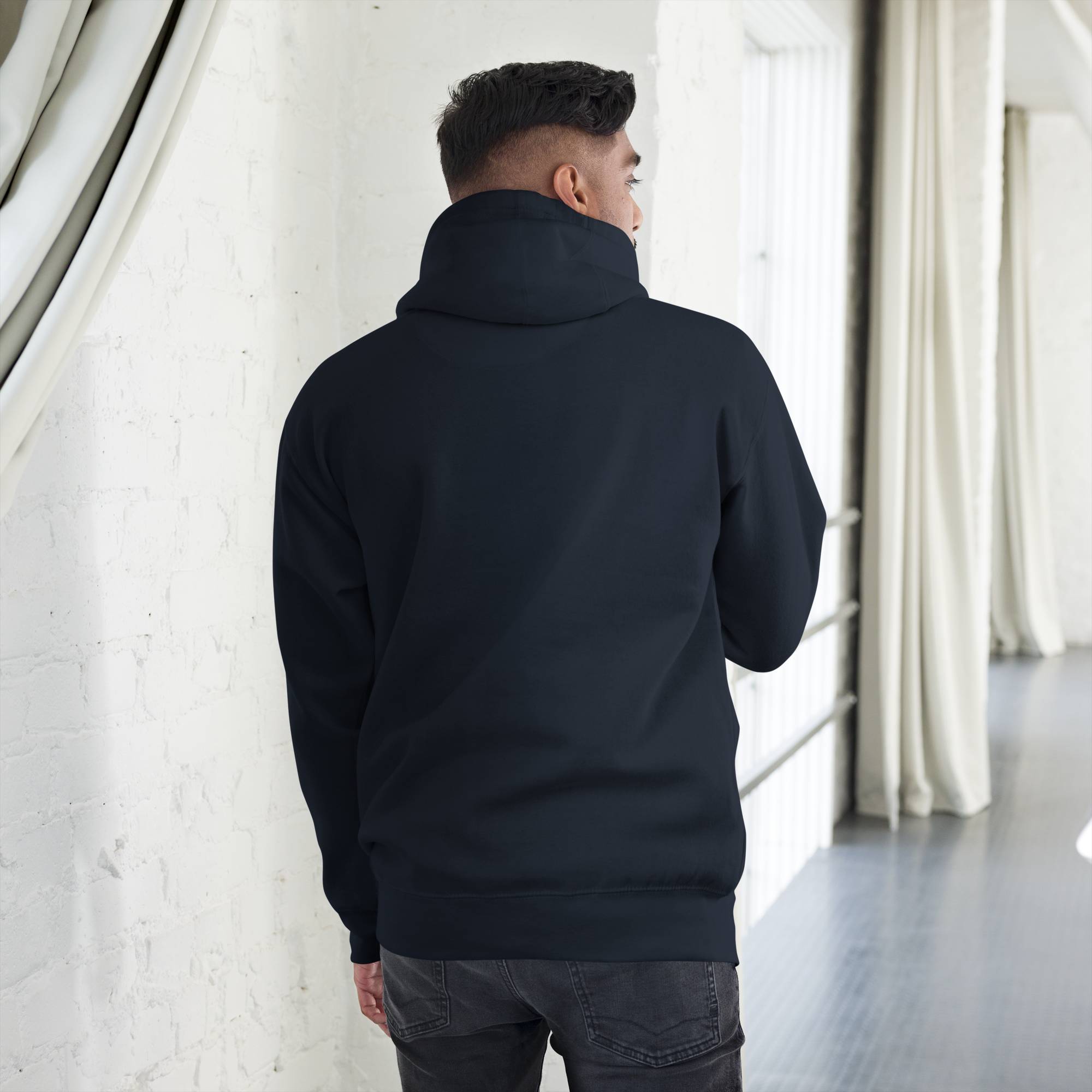 Navy hoodie with a custom Music Code