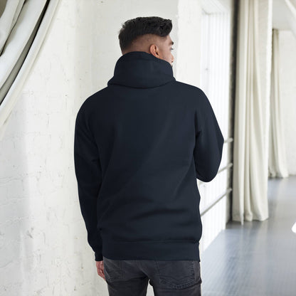 Navy hoodie with a custom Music Code