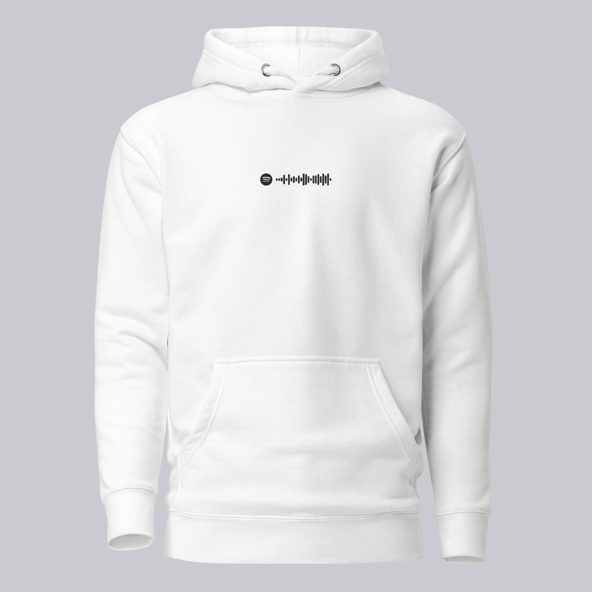 White hoodie with a custom Music Code