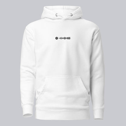 White hoodie with a custom Music Code