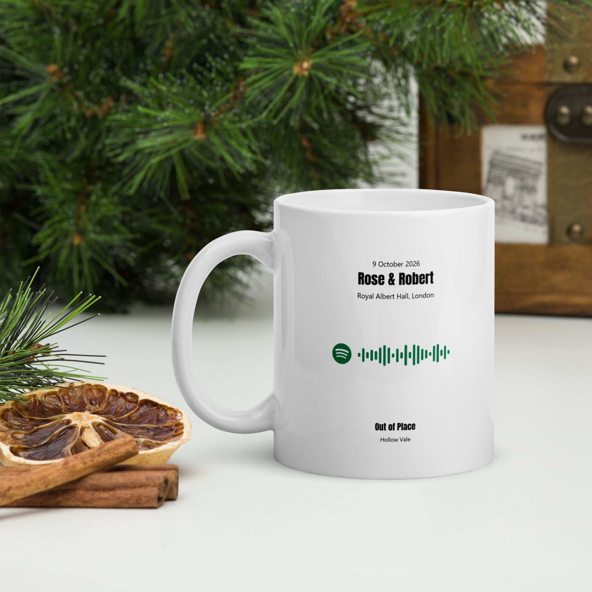 White Glossy Mug 11oz with custom Music Code of your song