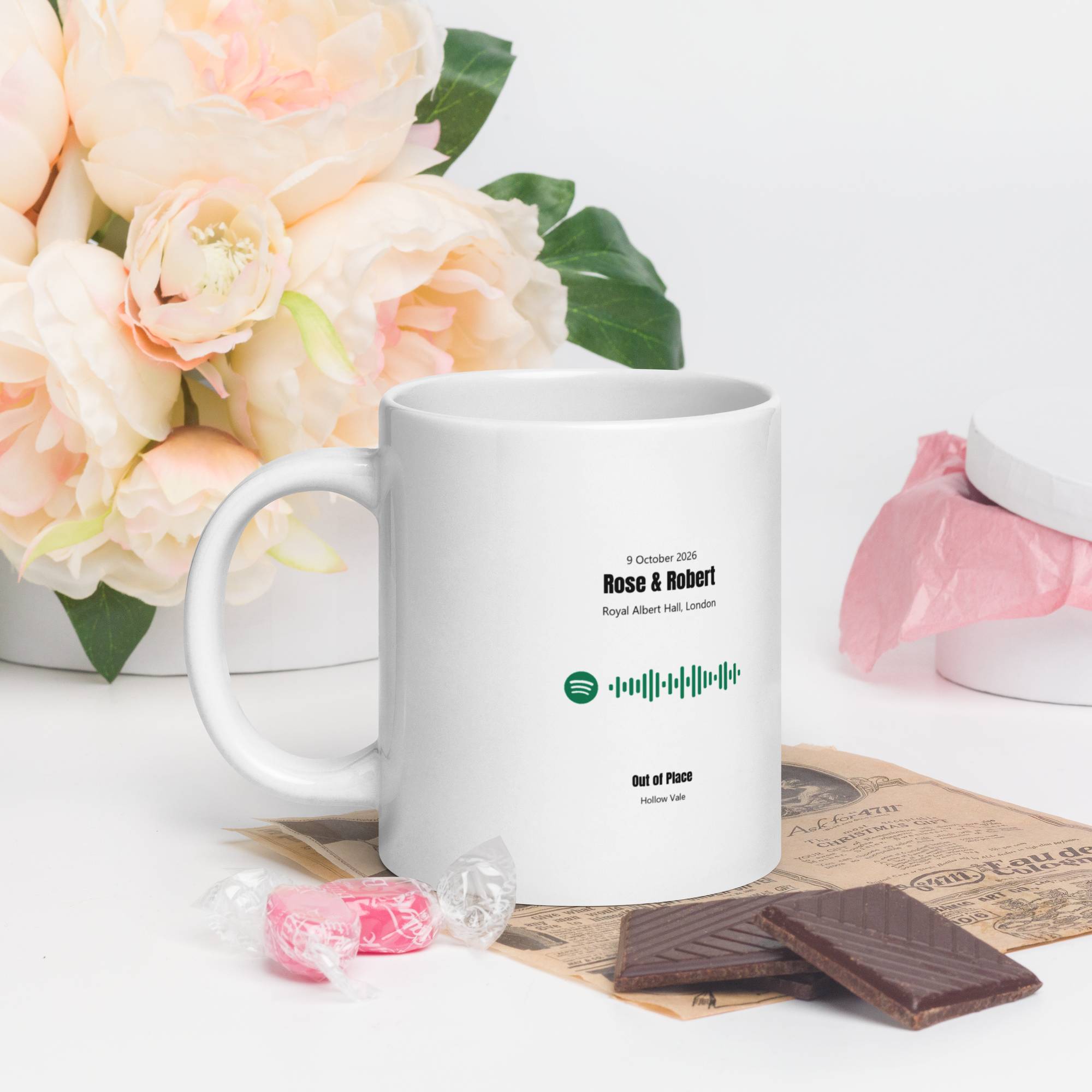 White Glossy Mug 20oz with custom Music Code of your song
