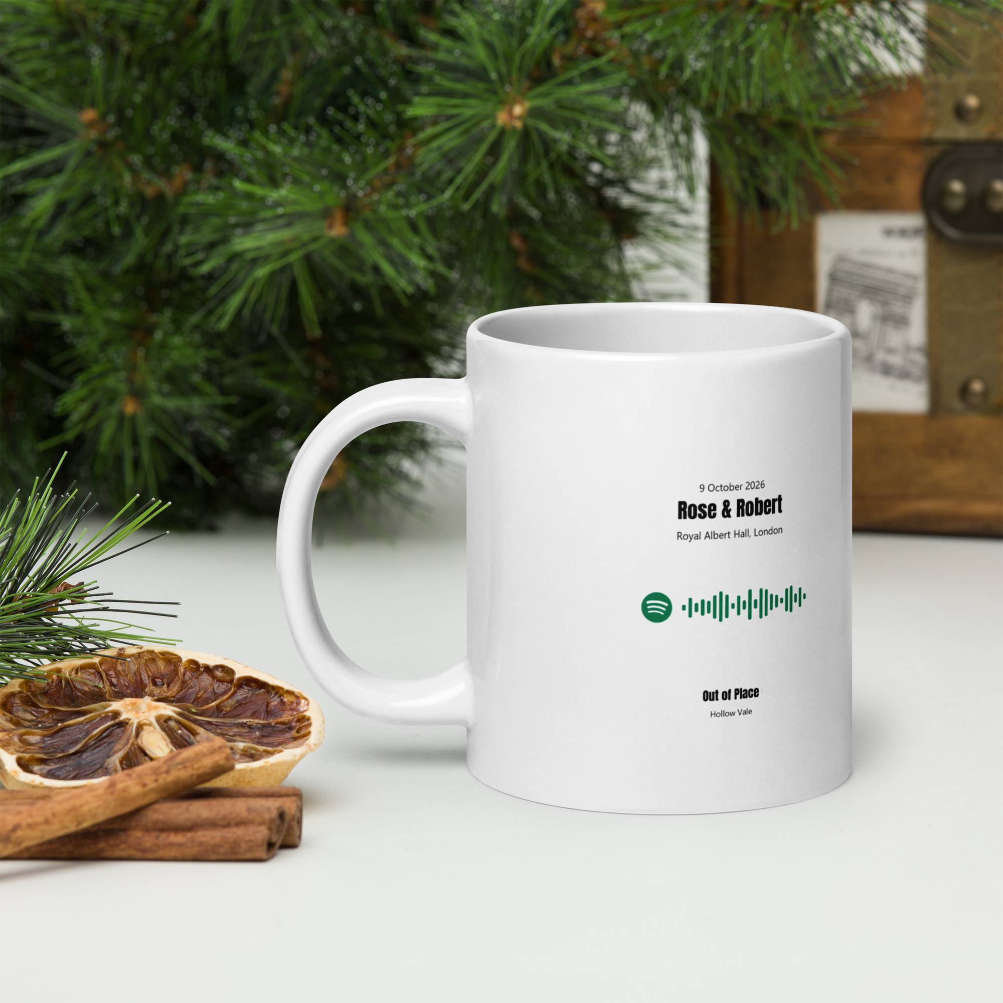 White Glossy Mug 20oz with custom Music Code of your song