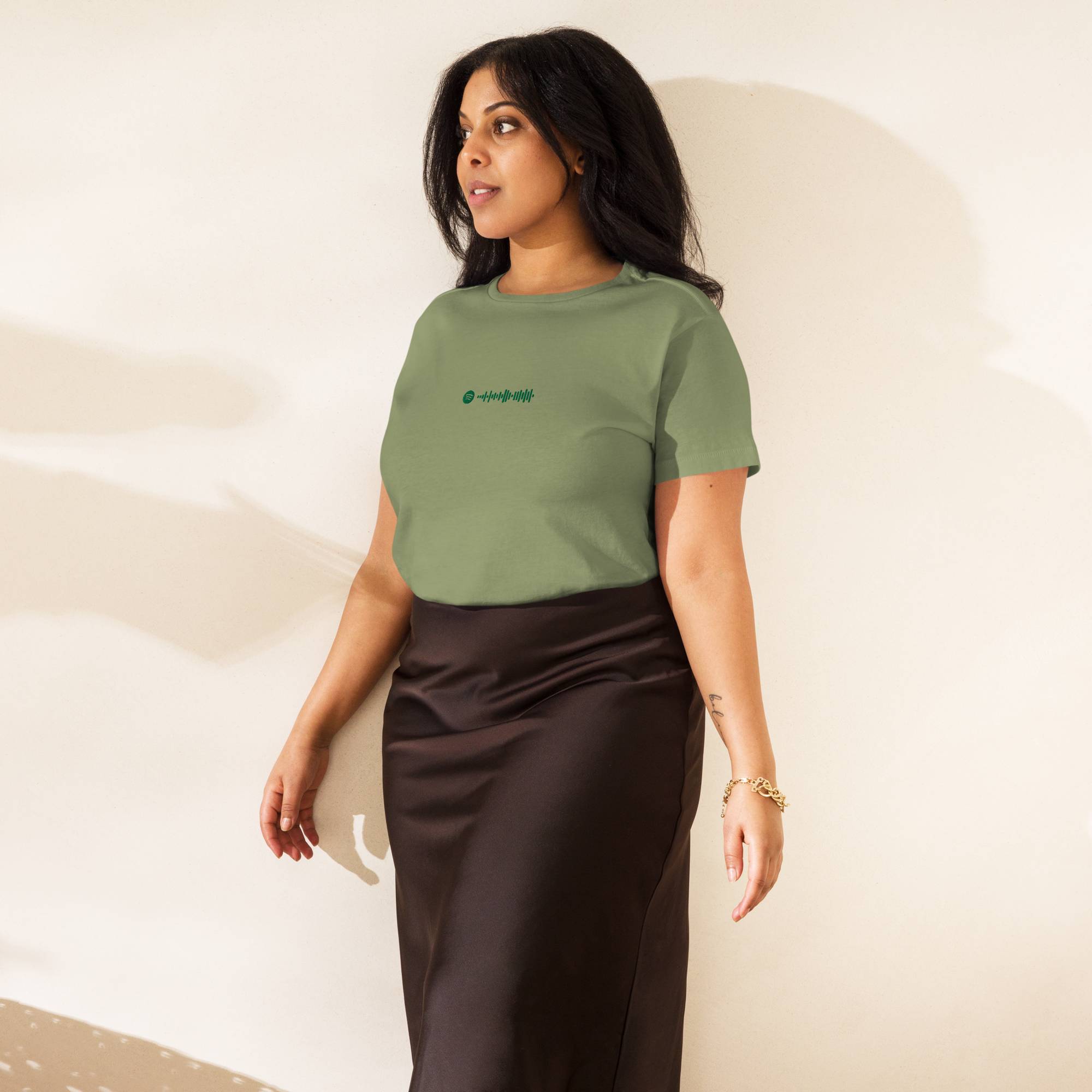 Light military green Short Women tshirt with custom Music Code