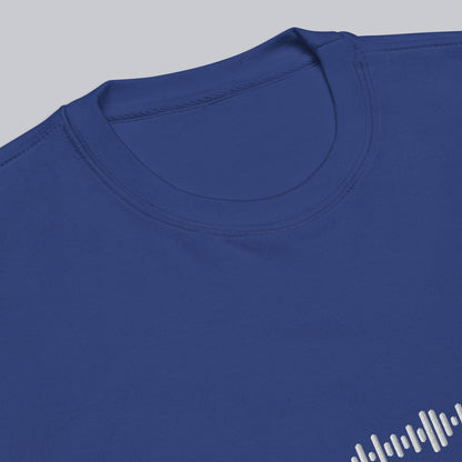 Blue long-sleeve shirt with custom Music Code