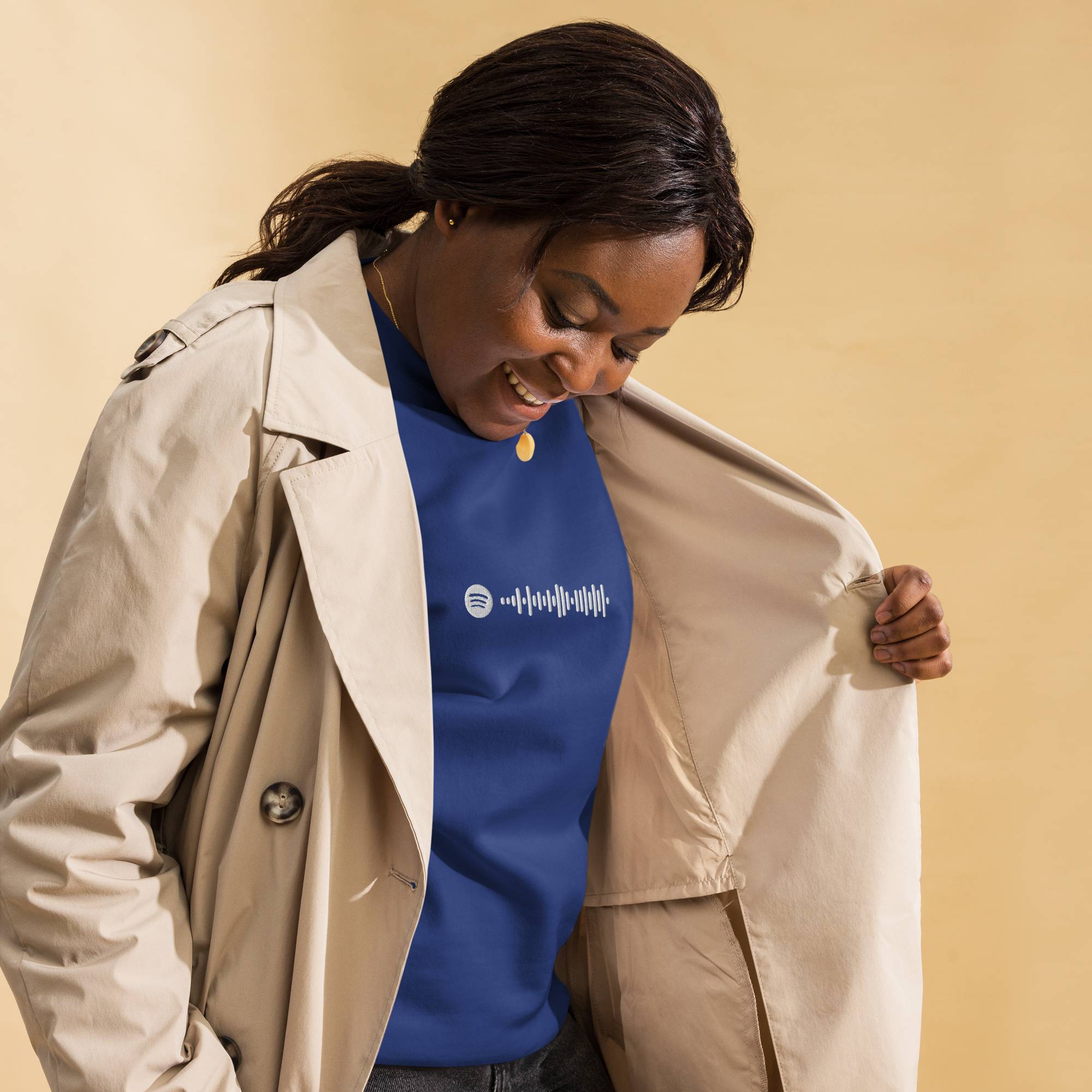 Blue long-sleeve shirt with custom Music Code