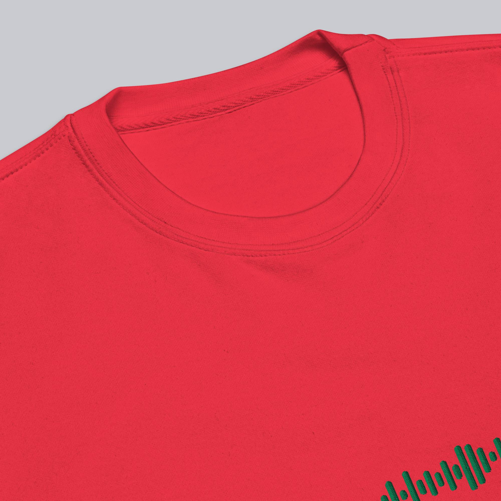 Red long-sleeve shirt with custom Music Code