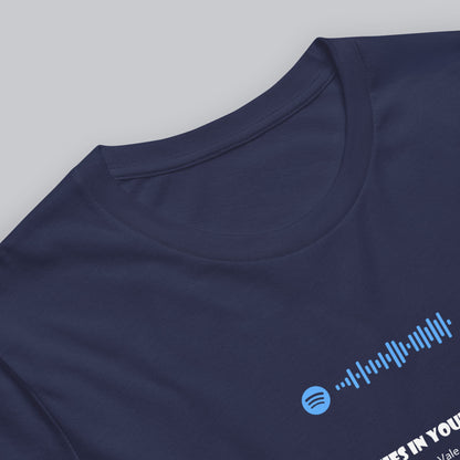 Navy Tshirt with printed custom music code and text
