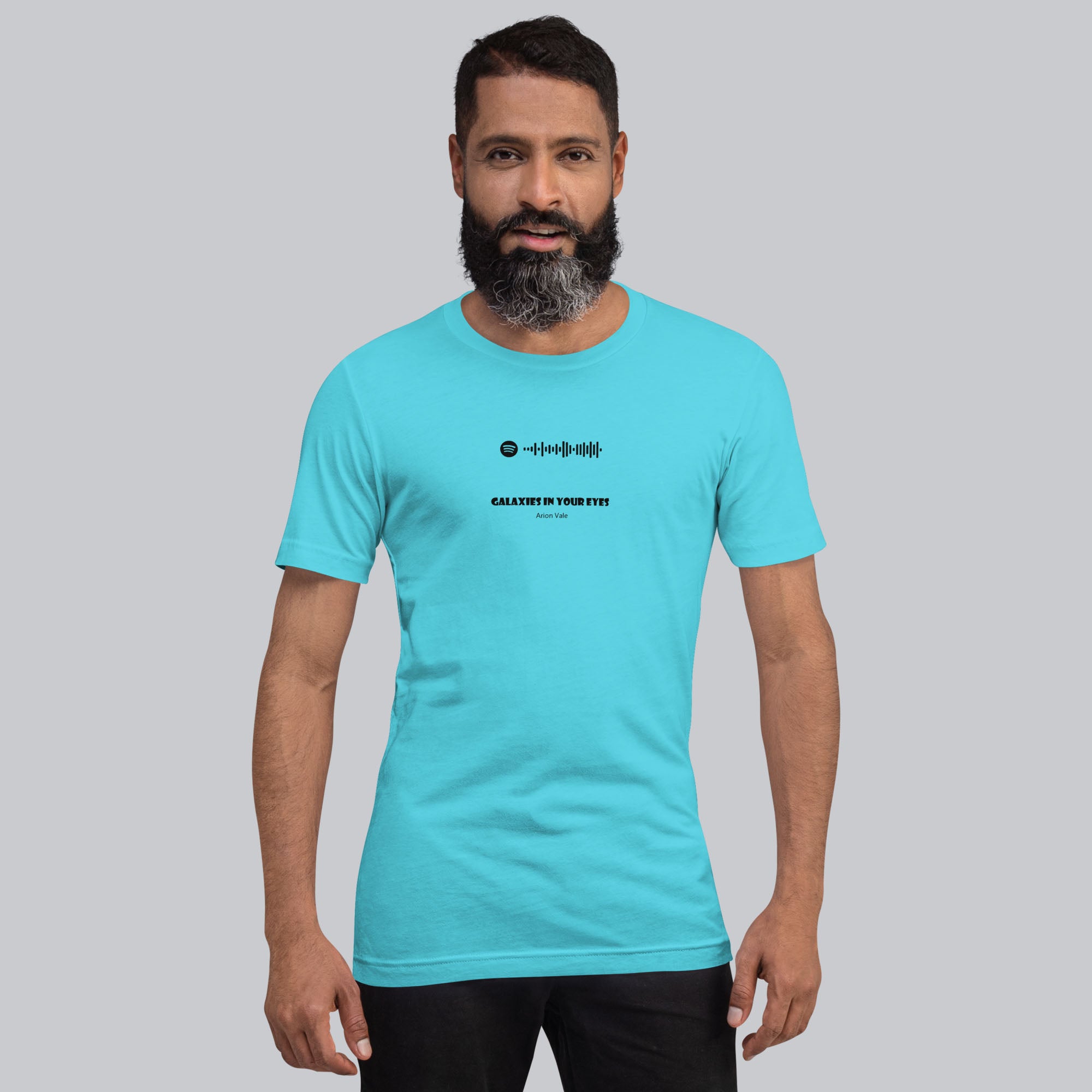 Turquoise Tshirt with printed custom music code and text