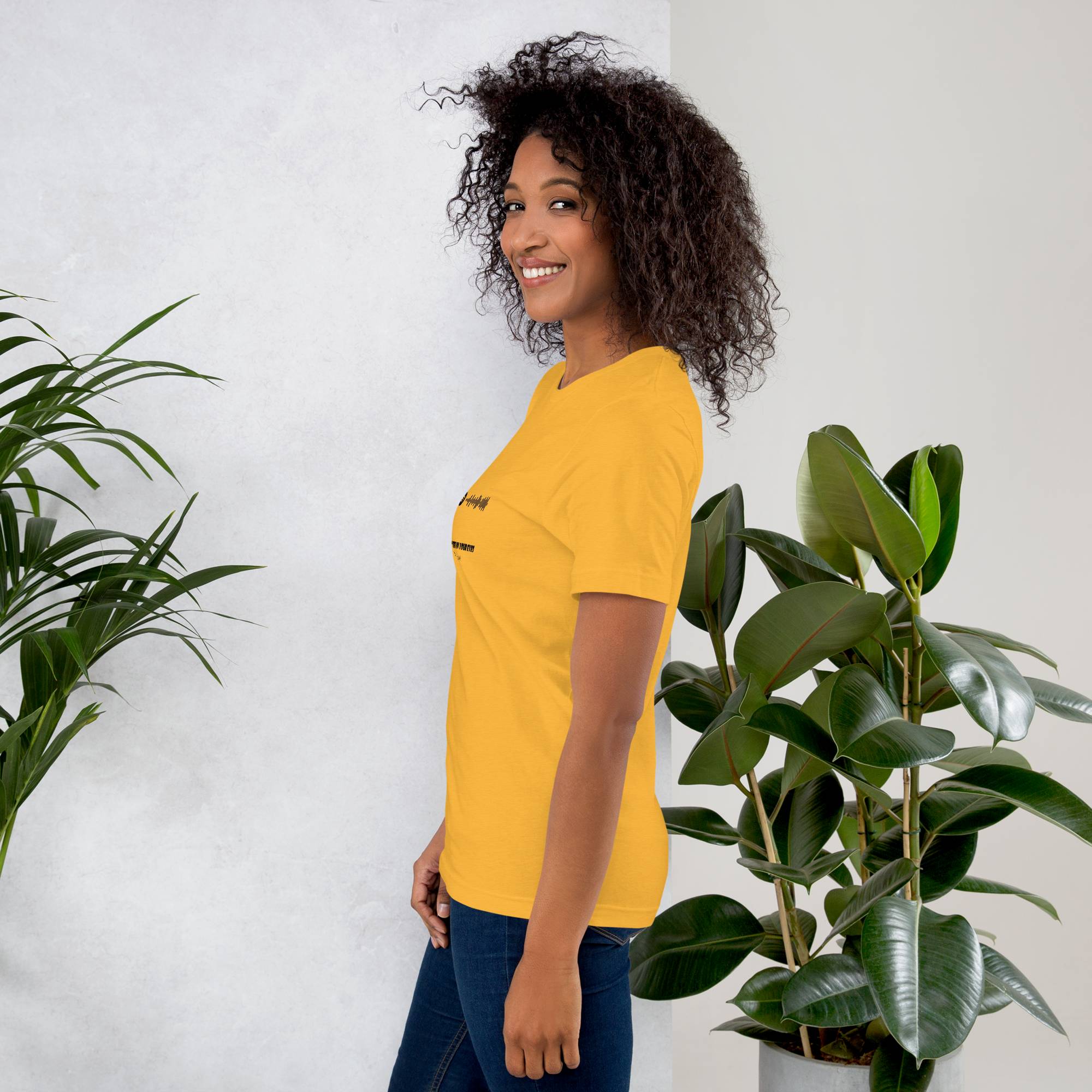 Yellow Tshirt with printed custom music code and text