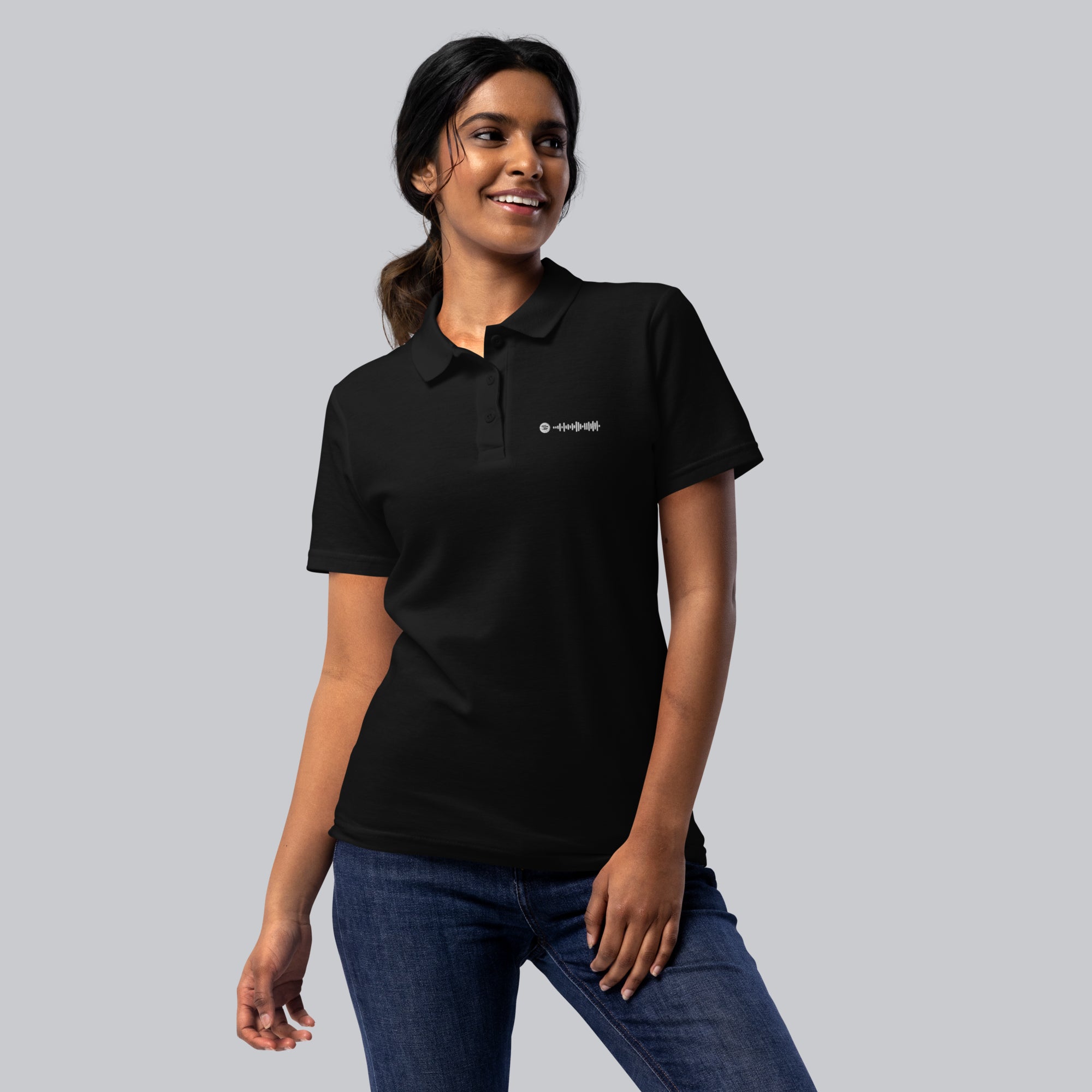Black Women Polo Tshirt with custom Music Code#color_black