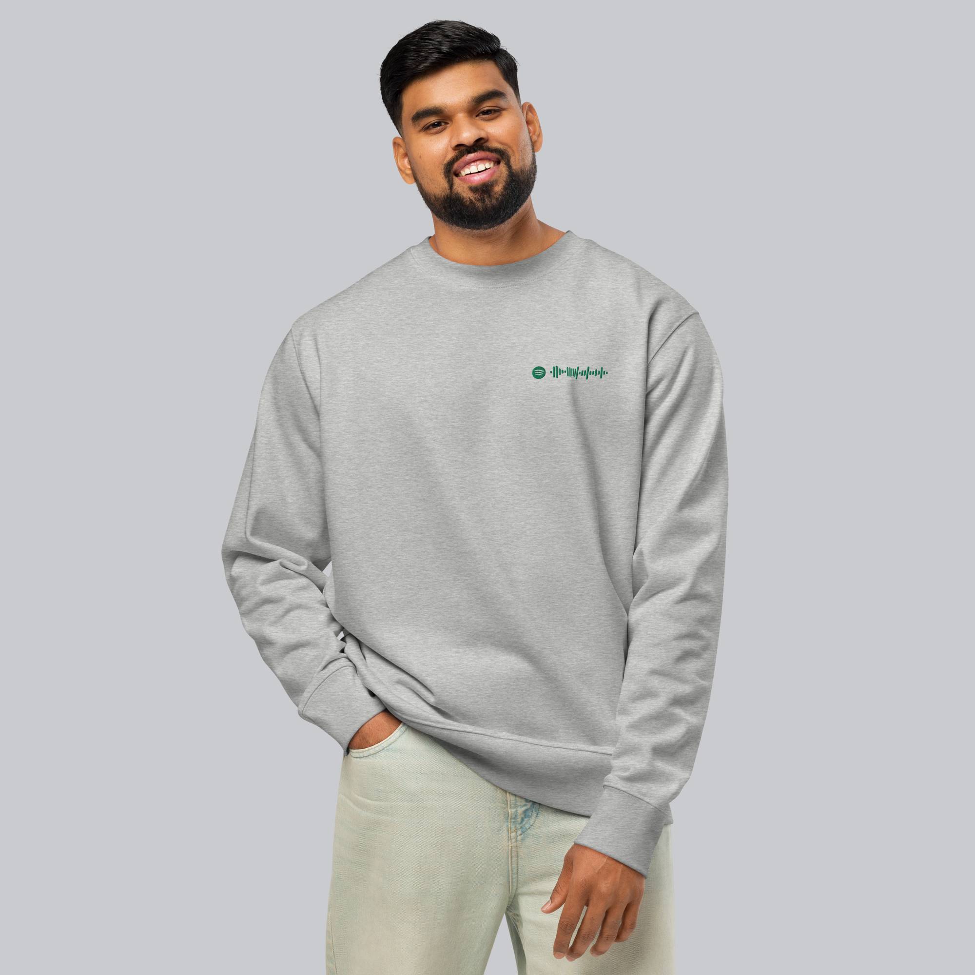 Stanly Stella Organic Unisex Sweathirt Light Grey with embroidered custom Music Code